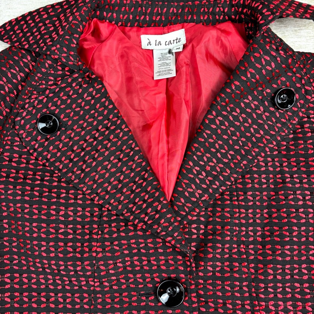 a la carte Long Sleeve Collared Red Black Knit Blazer 2 Button Holiday Womens M